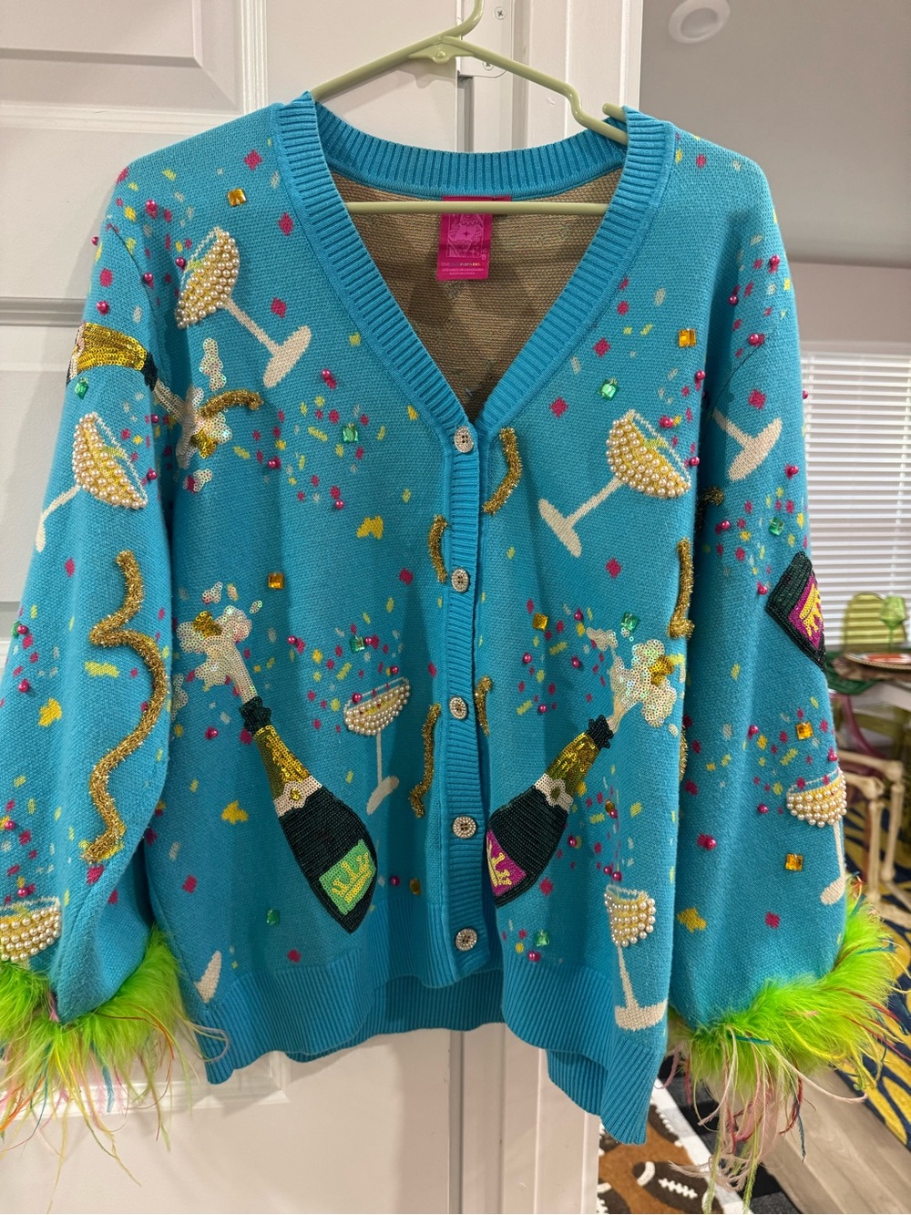 QUEEN OF SPARKLES Turquoise Embellished Party Cardigan with Lime Feather Cuffs